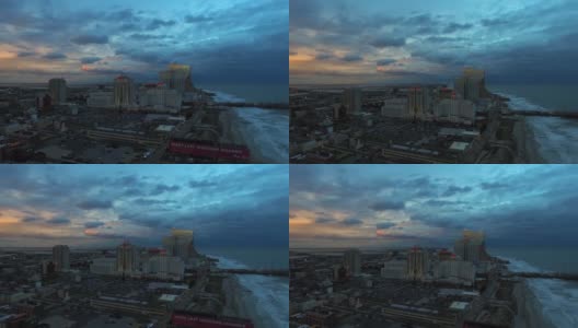 天线。大西洋城令人惊叹的日落。飞过海岸。高清在线视频素材下载