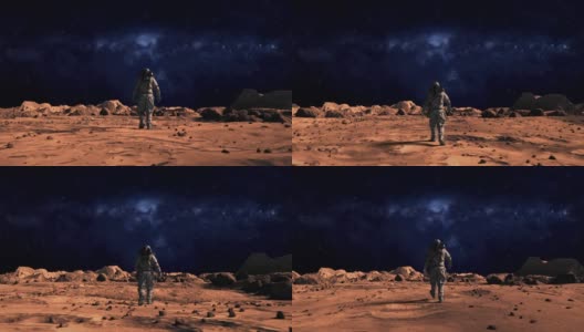 下面的照片，勇敢的宇航员穿着宇航服自信地行走在火星表面，走向银河，覆盖着岩石。第一个登上火星的宇航员。先进技术，太空探索/旅行，殖民概念。高清在线视频素材下载