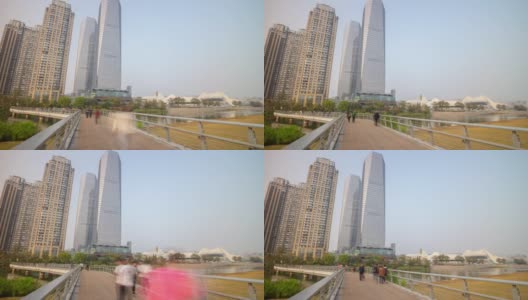 白天时间长沙城市现代剧场综合体滨江拥挤的公园桥全景时间推移4k中国高清在线视频素材下载