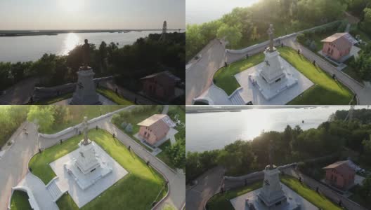 俄罗斯，哈巴罗夫斯克，2019年8月:无人机俯瞰穆拉维约夫-阿穆尔斯基的悬崖和纪念碑。阿穆尔河堤岸。高清在线视频素材下载