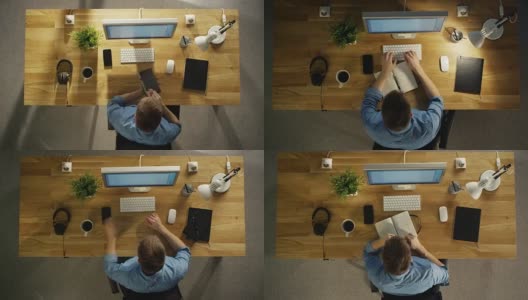 俯视图的一个创造性的设计师的整个工作日的延时。在他的台式电脑上工作，喝咖啡，去吃午饭，在笔记本上写东西和回家。高清在线视频素材下载