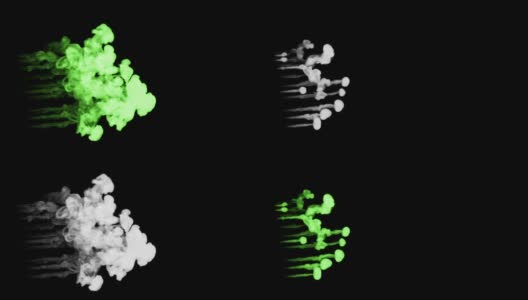 荧光亮绿色染料卷曲在水中，许多滴墨。这是3d渲染镜头在墨色背景或墨色效果在合成与alpha通道，使用光磨高清在线视频素材下载