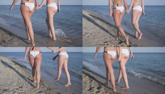 走路要手扶，背光，性感腿，闺蜜跑海水，沙滩高清在线视频素材下载