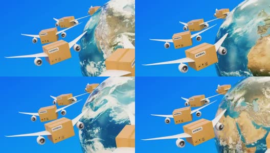 包裹带着翅膀在天空中环绕地球飞行。全球航运和交付概念，3D渲染高清在线视频素材下载