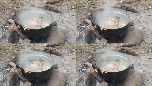 辣鸡的概念。在露营山上的森林里有辛辣可口的鸡肉。最喜欢的泰国食物烹饪在森林露营旅行。高清在线视频素材下载