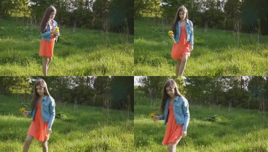 女孩在草地上采摘黄色的蒲公英。蒲公英。春季的一天。美丽的微笑少年在春天的公园与鲜花。视频镜头高清运动摄像机与稳定摄影机高清在线视频素材下载
