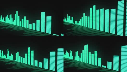 3D动画:音乐控制关卡。辉光绿色-蓝色绿松石色音频均衡器条移动与反射镜表面。黑色背景。深。滑动。高清在线视频素材下载