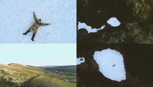 山间的游客躺在白雪覆盖的林间空地上。空中旋转视图高清在线视频素材下载