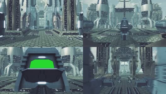 伟大的旅行通过未来的科幻城市与绿色屏幕。三维渲染高清在线视频素材下载