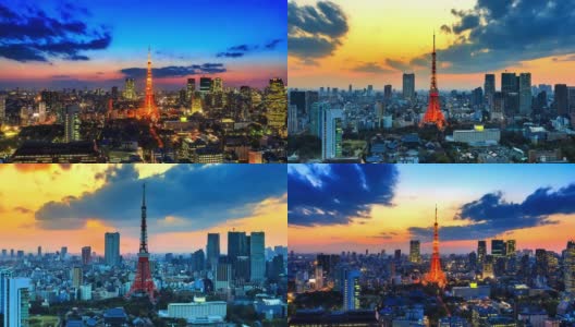 4 k。时间流逝东京城市景观与东京塔在日本高清在线视频素材下载