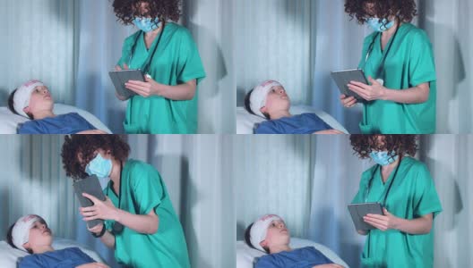 医院拍摄的4k受伤儿童，医生在平板电脑上展示信息高清在线视频素材下载