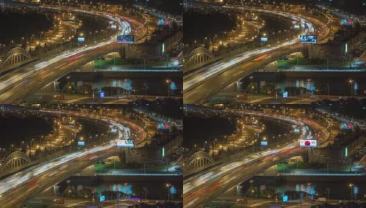 夜晚照亮莫斯科城市交通大桥公路环河航拍全景，4k时间流逝俄罗斯高清在线视频素材下载