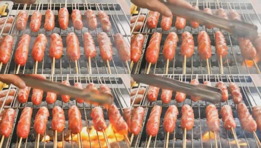 木炭炉上的美味烤台湾甜猪肉香肠高清在线视频素材下载