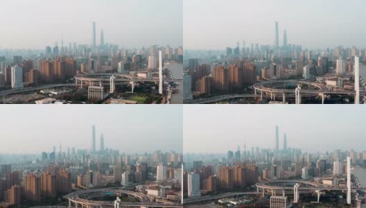 上海南浦大桥和陆家嘴金融区鸟瞰图高清在线视频素材下载