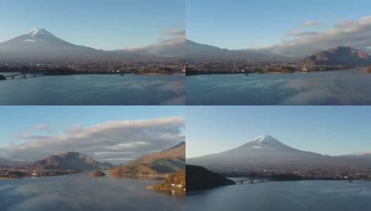 清晨鸟瞰富士山和川口湖高清在线视频素材下载