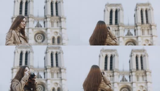 在法国巴黎，著名的大教堂里，美丽的少女在复古胶片相机上拍摄巴黎圣母院的照片高清在线视频素材下载