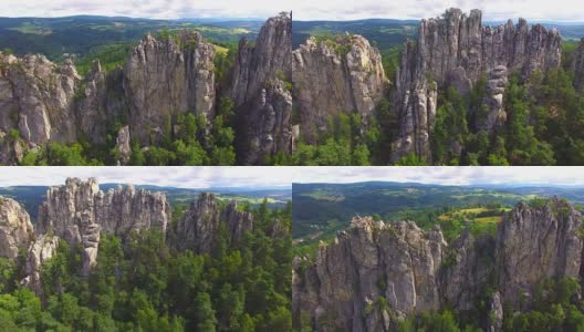 相机在山脉上空飞行。捷克共和国布拉格附近的Cesky Raj国家公园。中欧神奇的地方。高清在线视频素材下载