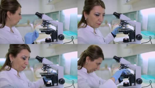 女科学家通过实验室的显微镜看微生物学高清在线视频素材下载