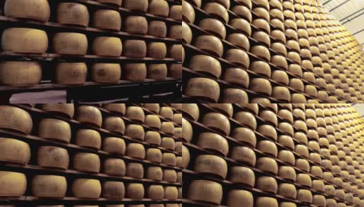 货架上满是成熟的帕尔玛干酪，生产商制造高清在线视频素材下载
