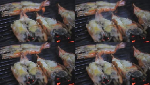 晚上烧烤虾的高清镜头特写高清在线视频素材下载