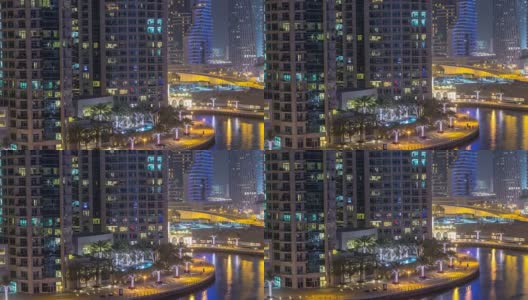 水渠在迪拜码头的天际线在晚上的时间推移高清在线视频素材下载