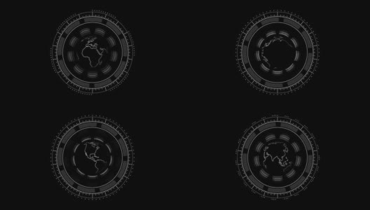行星地球在HUD界面上黑白旋转4k渲染动画视频片段。高清在线视频素材下载