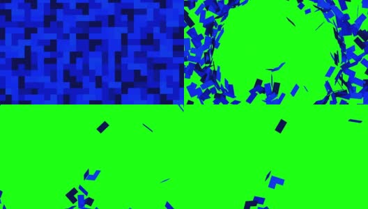 蓝色马赛克背景分解成小块，显示绿色屏幕。3D动画，色度键。高清在线视频素材下载