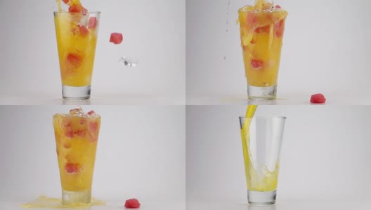 将橘子汽水与冰块和西瓜方块倒入玻璃杯中高清在线视频素材下载