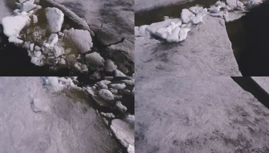空中俯瞰结冰的河流表面模式。伏尔加河的冬季高清在线视频素材下载