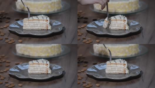 一块自制的酯蛋糕。女人吃了一块蛋糕高清在线视频素材下载