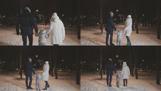 快乐的一家人在傍晚的冬季公园散步高清在线视频素材下载