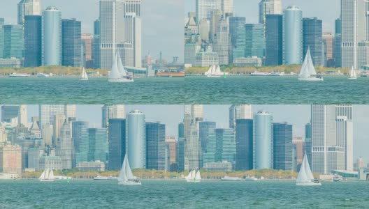 哈德逊河上的帆船与曼哈顿市中心的背景高清在线视频素材下载