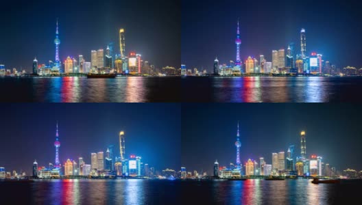 黄浦江畔上海市区天际线上的明珠时光流逝，中国。亚洲智慧城市的金融区和商业中心。晚上外滩附近的摩天大楼和高层建筑。高清在线视频素材下载