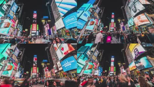 拥挤的人群，汽车交通和广告牌显示的广告在晚上在时代广场。美式生活方式或现代城市生活理念高清在线视频素材下载