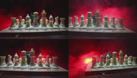 国际象棋棋类游戏的概念策略在Covid - 19全球大流行。棋盘上有雾和背光的大型冠状病毒微型模型。创意艺术品装饰。有选择性的重点高清在线视频素材下载