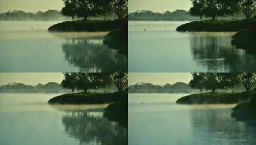 薄雾从水中升起。秋天的风景，森林在美丽的秋天颜色倒映在湖面上高清在线视频素材下载
