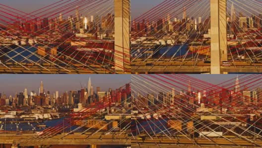 清晨从科修斯科大桥俯瞰曼哈顿中城的天际线。航拍视频与平移摄像机运动。高清在线视频素材下载