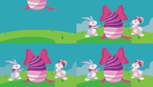 快乐的复活节卡片与兔子夫妇和鸡蛋绘制在田野高清在线视频素材下载