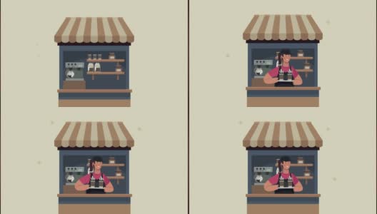 咖啡店动画与女工作人员在kiosk高清在线视频素材下载