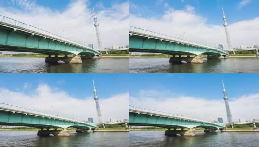 蓝色天空中著名的东京塔附近的高架桥。高清在线视频素材下载