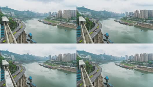 临近河流、天际线和重庆城市景观的道路交通繁忙。间隔拍摄4 k高清在线视频素材下载