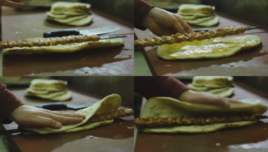 厨师正在准备土耳其传统的阿达纳烤肉串高清在线视频素材下载