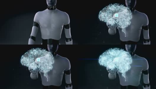 机器人，半机械人触摸大脑连接CPU芯片电路板，4K大小的电影。人工智能发展。2.高清在线视频素材下载