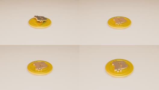 比特币字母的3D黄金模型掉在地上高清在线视频素材下载