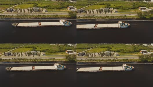 鸟瞰图:河上的驳船高清在线视频素材下载