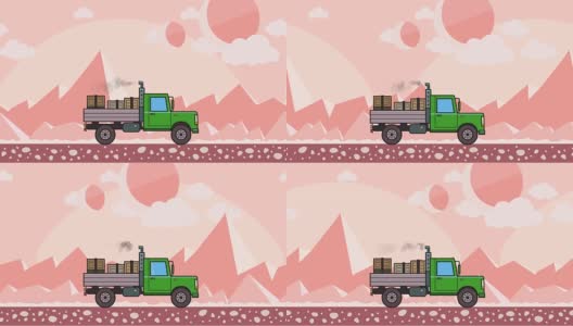 装有箱子的绿色动画卡车穿过外星沙漠。移动重型汽车在粉红色的山区沙漠背景。平面动画。高清在线视频素材下载