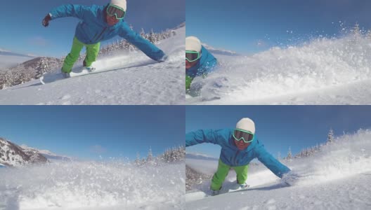 慢动作特写:微笑的滑雪板做手拖在新鲜的粉末雪高清在线视频素材下载
