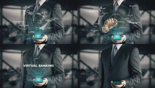 商人与虚拟银行全息概念高清在线视频素材下载