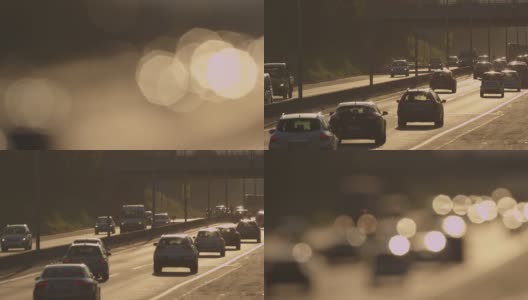 离焦:日落时分，高速公路上交通拥挤高清在线视频素材下载