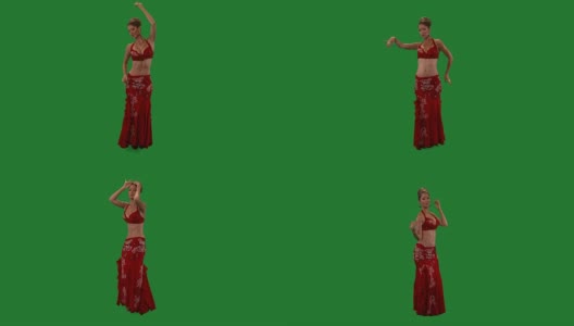 舞者。肚皮舞。肚皮舞者跳舞。绿色的屏幕。性感的红裙子高清在线视频素材下载